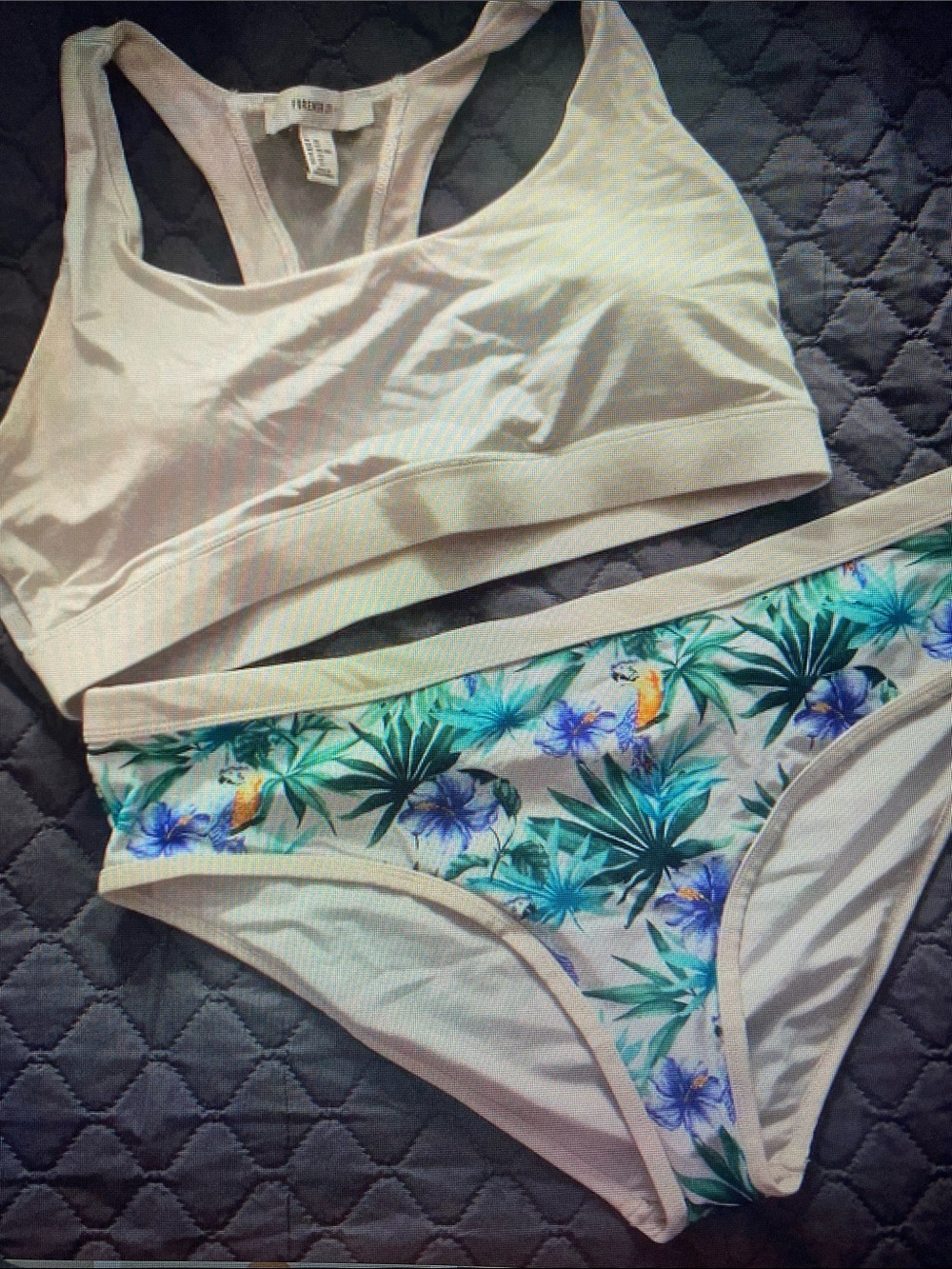 Forever 21 Cream Sports Bra with Tropical Print Bikini Briefs